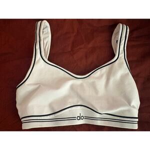 Alo Airbrush Heart Throb Sports Bra Black Piping Logo Band medium